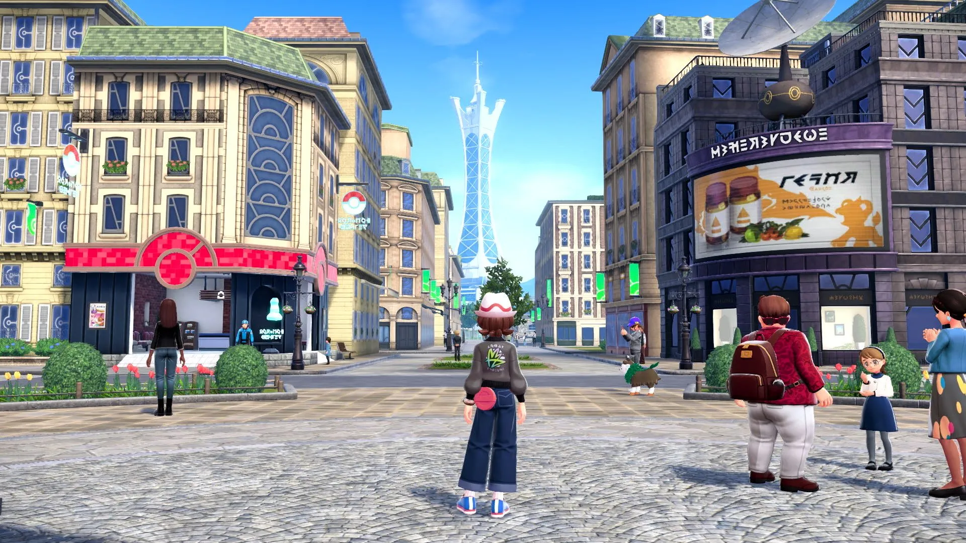 A promo image of a player character looking towards prism tower in the distance.