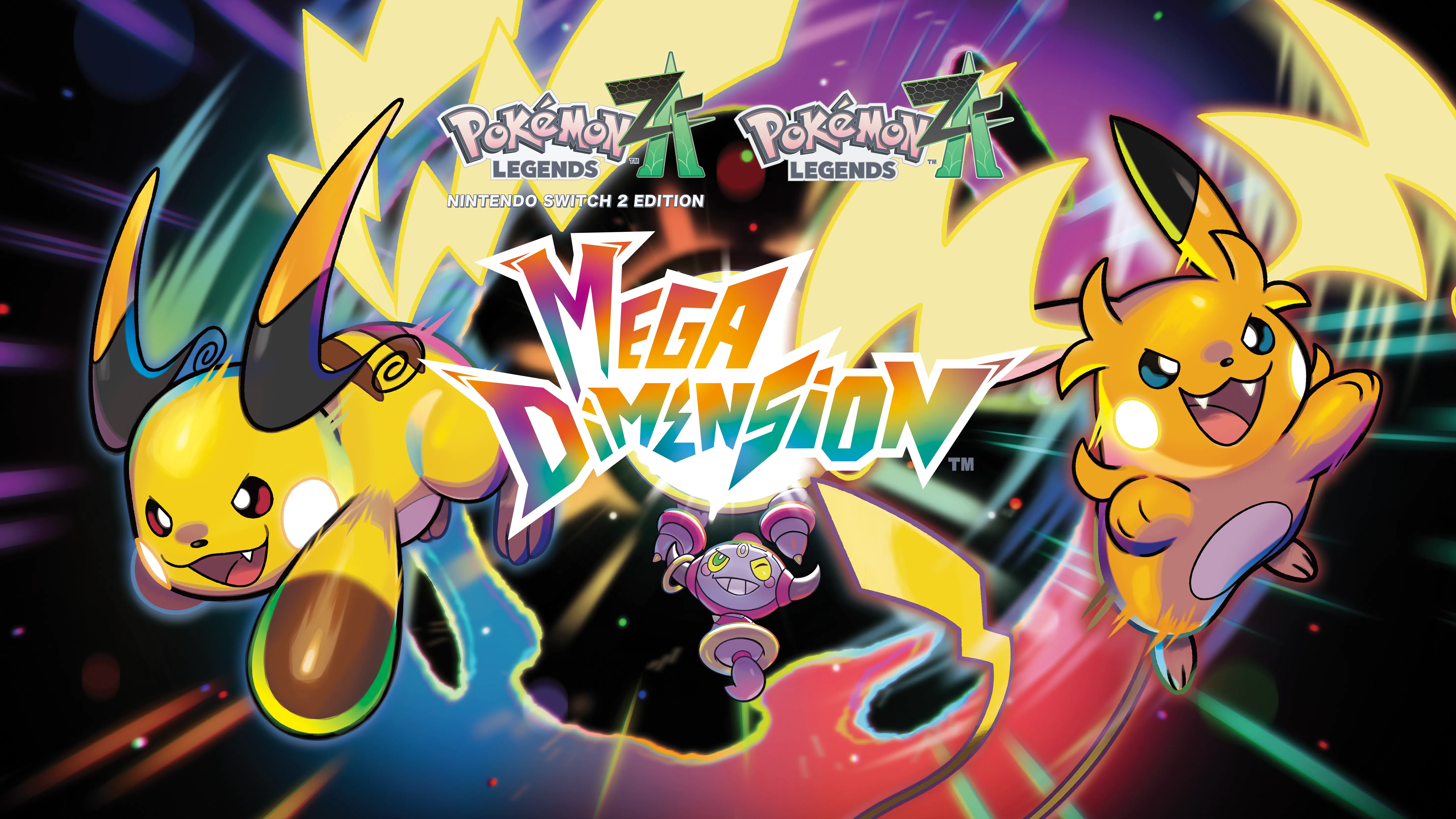 A promotional artwork for the Mega Dimension DLC, showing the two new Mega Raichu jumping out from behind the logo.